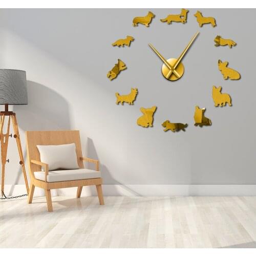 Frameless English Welsh Corgi 3D DIY Wall Clock Mirror Surface Puppy Dog Breeds Wall Art Pet Shop Decor Quiet Sweep Clock Watch