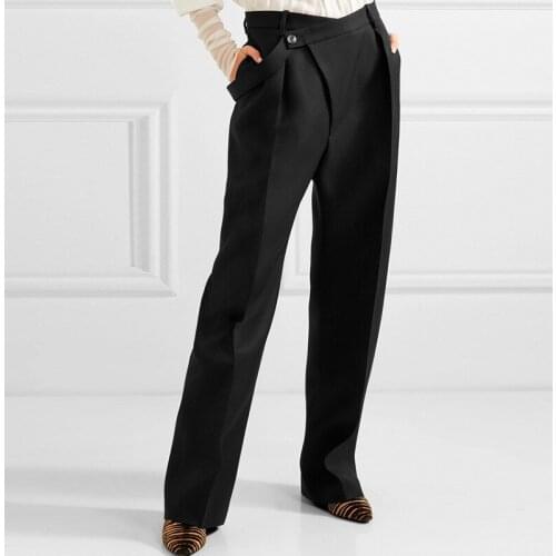 Free Shipping Designer Fashion Casual Wide Leg Pants Women White Black High Waist Side Button Long Trousers High Street