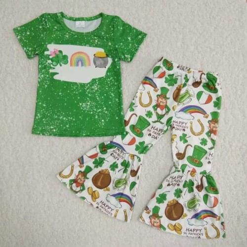 St. Patricks Day Green clover designer outfits cute childrens fashion boutique toddler girl children bell bottoms set