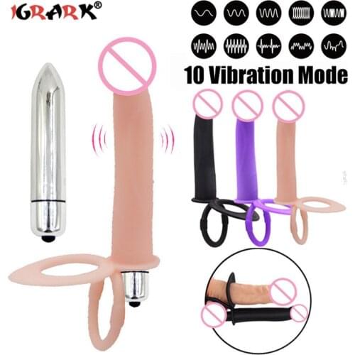Double Penetration Bullet Vibrators Strapon Dildo Vibrator Sex Toys For Women Man Adults Strap On Penis Ring Anal Plug Massager