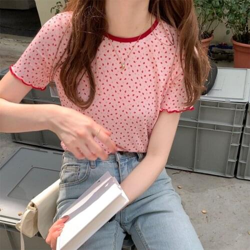 Korean Summer tshirts Red Floral Short Sleeve Ruffles Loose Elegant Sweet Casual Streetwear Kawaii Simple Designer Office Lady