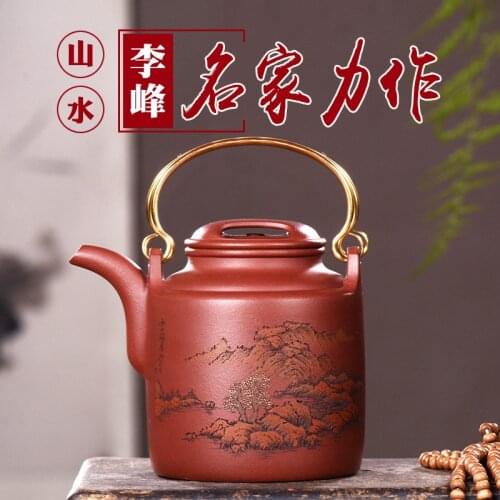 Clay painting! Famous foreign bucket beam teapot craftsman Zisha teapot hand carved landscape teapot new products