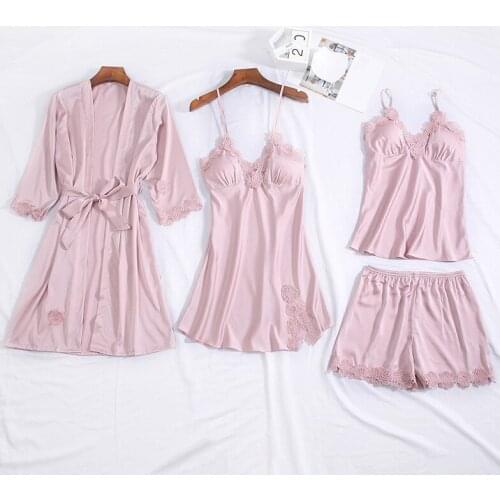 Summer Pink Nighty&Robe Set Sexy Lace Kimono Gown Women Satin Sleep Set Femme New 4PCS Sleepwear Casual Nightgown Home Clothes