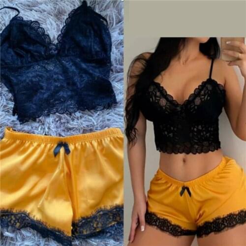 Two Pieces Summer Women Sexy Pajamas Set Sleeveless V Neck Camisole Loose Elastic Waist Patchwork Shorts Fashion Female Homewear