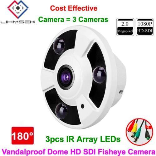 Lihmsek 1080P 2MP Fisheye Panorama 180 Degree wide angle Lens HD SDI Dome Camera with 3pcs Array IR LEDs Day Night Vision