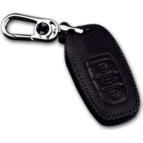 Muchkey Leather Remote Case Car Key Bag Cover With Keychain For Audi Smart Key Luxury Genuine Hand Sew Black Line 1PC