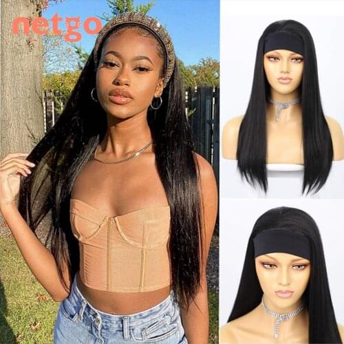 Netgo Long Straight Headband Wig Heat Resistant Synthetic Hair Wig Machine Made Wig for Black Women Daily Use Cosplay Costume