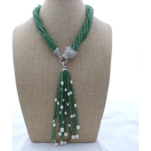 8Strands white freshwater pearl green stone necklace micro inlay zircon accessories leopard head Clasp Tassel pendant