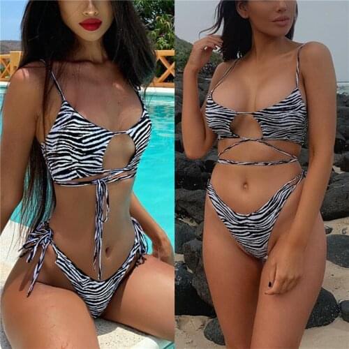 Sexy Womens Zebra Printing Biklini Suit Classic Lace-up Halter Swimsuit Sleeveless Split Swimwear Bathing Suit Lady Beach Wear