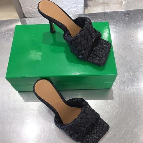 Woven High Heel Slippers Women Summer Stilettos Slides Women Square Toe Beach Woman Shoes Real Leather Chausson Femme Outdoor