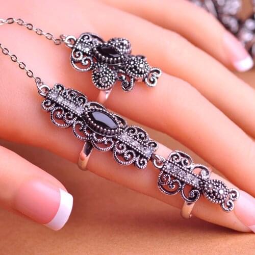 Brand Turkish Adjustable Three Link Rings For Two Finger Green Resin Stone Antigold Plated Metal Ring Vintage Women Jewelry Anel