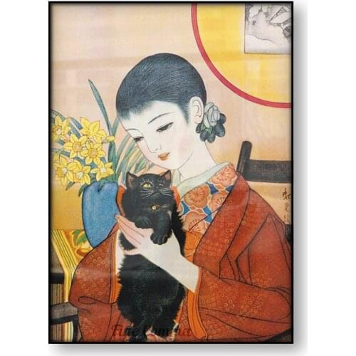 Japanese Girl Holding a Black Kitten Cat Fukiya Koji Vintage Painting Poster Japanese Art Canvas Print Asian Painting Home Decor