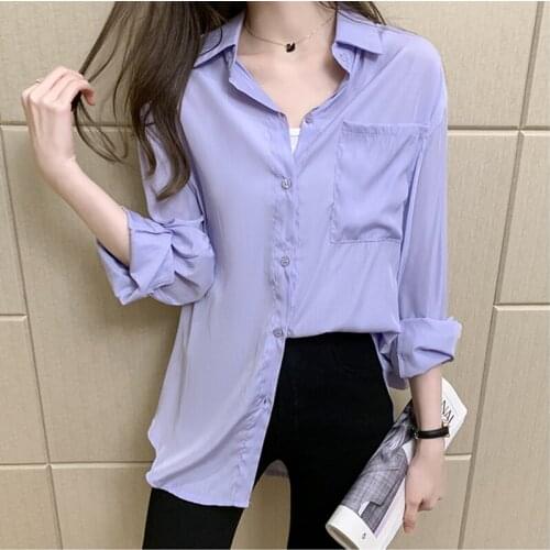 2021 Women Blouses Office Lady Plus Size Chic Tops Purple White Long Sleeve Fashion Pocket Female Blouse Shirts Oversized