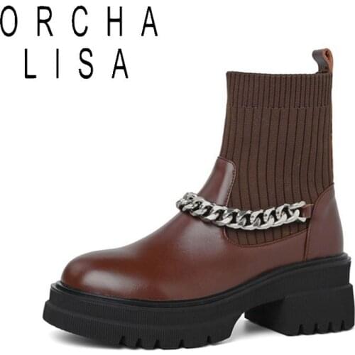 2021 New Full grain cow leather Chelsea Boots Women Chains platform sock Ankle Boots good quality leather shoes size 34-40