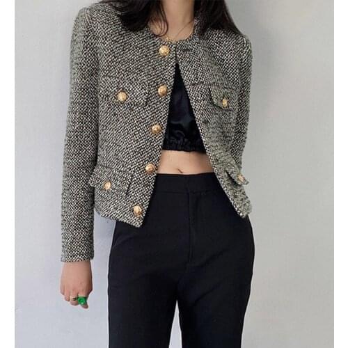 Vintage Plaid tweed Coat Women cropped Jackets 2021 Fall Runway retro clothes OL o neck Single Breasted Short coat Outwear