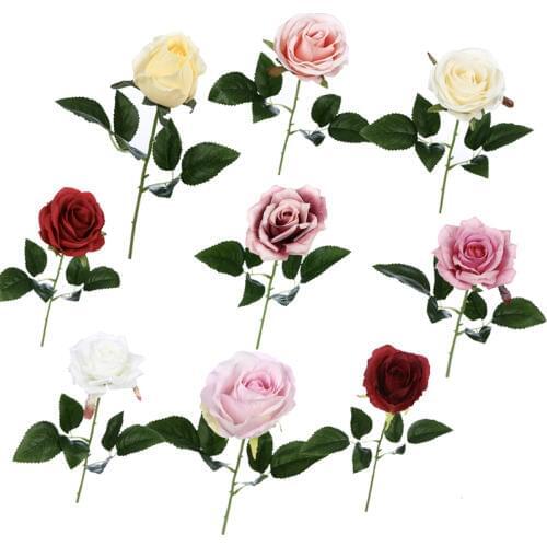 1PCS Rose Artificial Flower 21 Colors Silk Rose Flower Head For Home Wedding Birthday Party Decoration Supplies Green Leaves