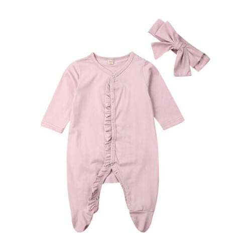 Newborn Baby Spring Autumn Clothing Infant Boy Girl Long Sleeve Footies Ruffled Sleepwear Pyjamas Headband 2Pcs Sets Clothes