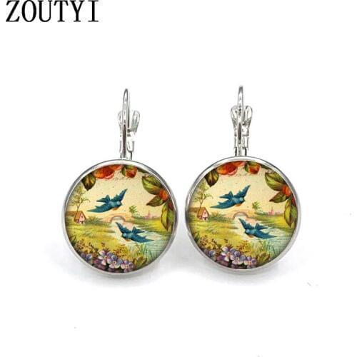 2019 / new glamour retro two bird bird earrings, convex glass inlay earrings, ladies wear earrings jewelry gifts
