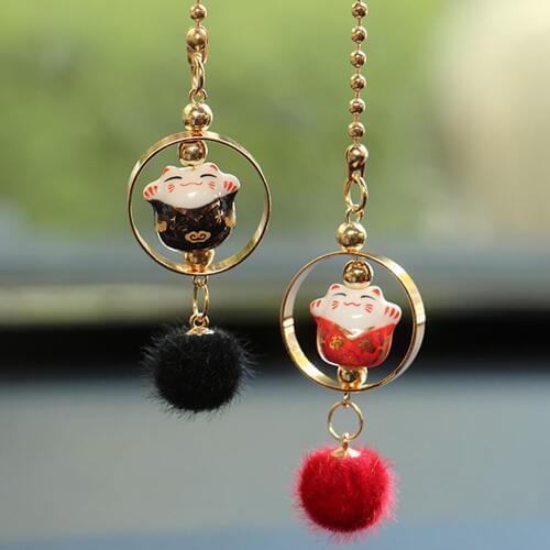 Car Pendant Cute Decoration Lucky Cat Suspension Ornaments Automobile Interior Rear View Mirro Ceramic Mascot Hanging Trim Gifts