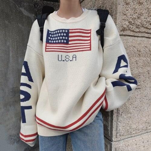 Beige Vintage USA Preppy Style Oversized Sweaters Women Girls Letters Warm Winter Sleeve Winter Knit Tops Loose Casual Korean
