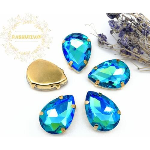 Turquoise blue AB Dazzle color Water drop Glass Crystal sew on rhinestones with GOLD four claw Diy weddingdress Free shipping