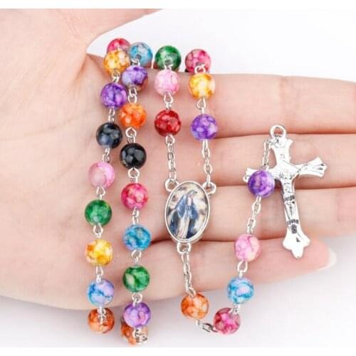 Colored Beads Our Lady of Jesus Catholic Rosary Necklace Cross Long Religious Necklace
