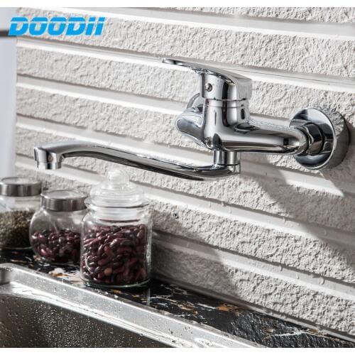 Doodii High-quality 25CM long nose Wall Mounted Kitchen faucet Rotate left and right Mixer Tap Brass chrome plated