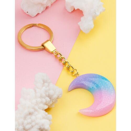 Doreen Box Resin Keychain & Keyring Heart Half Moon Blue Pink Glitter Key Chains Cute Romantic Style 1 Piece