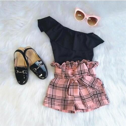 2pcs Fashion Kids Girls Clothes Toddler Summer One Shoulder Ruffle T Shirts Tops Plaid Print Bow Shorts Outfit Sets