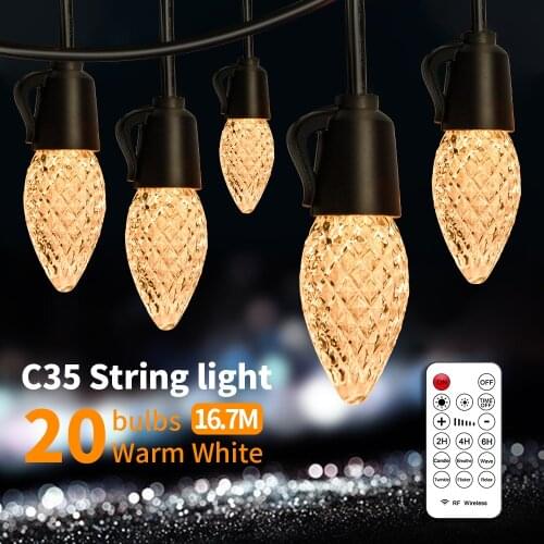 Garland Warm White 16.7M 20Bulbs String Light C35Bulbs Remote Control 6 Modes Brightness Garden Decoration Wedding Party