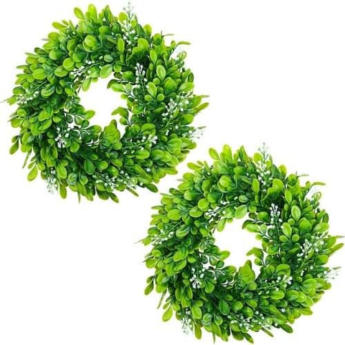 2 Pack Artificial Boxwood Wreath Faux Artificial Green Leaves Wreath Front Door Hanging Wreath Decoration, 10 Inches