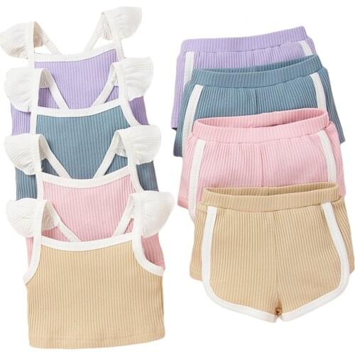 Newborn Infant Girls Two Piece Set Fly Sleeve Square Neck Ribbed Tops Elastic Shorts Summer Clothing 0-18M