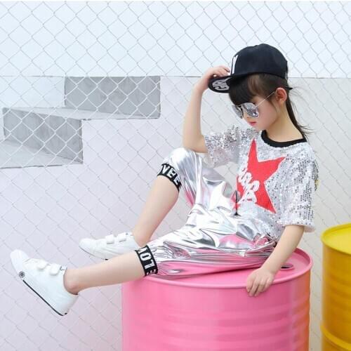 1 Set Girls Boys Sequin Ballroom Jazz Hip Hop Dance Competition Costume T Shirt Tops Pants for Kids Dancing Clothes Wear Outfits
