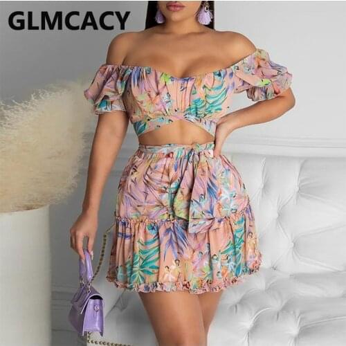 Two Piece Floral Suits Off Shoulder Crop Top & Mini Skirt Set