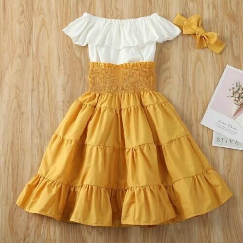 Fashion Kid Baby Girl Off Shoulder Ruffle Top High Waist Skirts Summer Outfit Set Clothes Headband 3Pcs Girls Suit