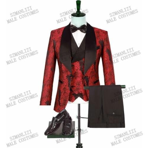 New Arrival 2020 Red Floral Groomsmen Formal Groom Party Suit Terno Slim Fit Mens Tuxedo Blazer Wedding Suits For Men 3 Pieces