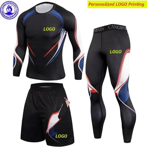 Custom LOGO Men 3Pcs Running Set Quick Dry Compression Gym Fitness Sport Suit Elastic Tights+Shirts+Shorts Sportswear Clothes