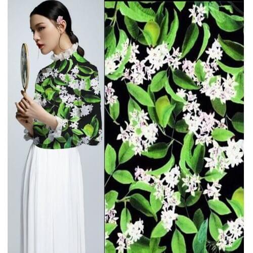 Super Woven Elastic pure silk fabric For Sewing dress elegant madam white flowers Print material cloth Fabrics tissus au metre