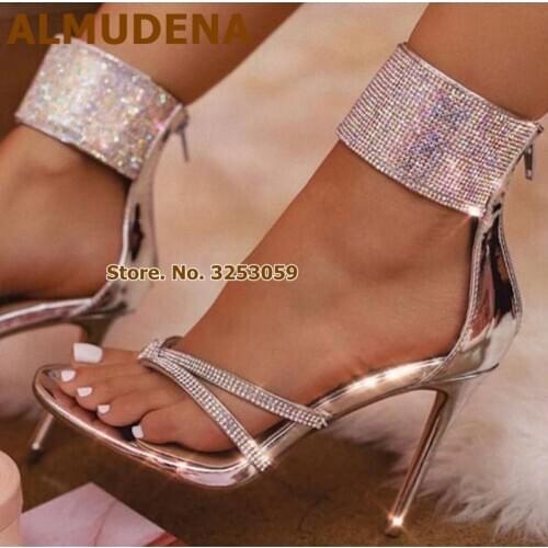 ALMUDENA Bling Bling Rhinestone Wedding Shoes Silver Crystal Clip Toe High Heel Sandals Wide Ankle Strap Sparkly Gladiator Shoes