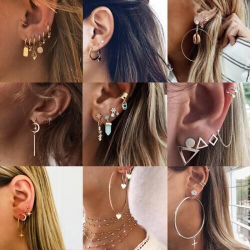 Tocona Vintage Gold Stud Earrings Set for Women Geometric Eyes Moon Star Punk Earrings Boho Female Jewelry Accessories