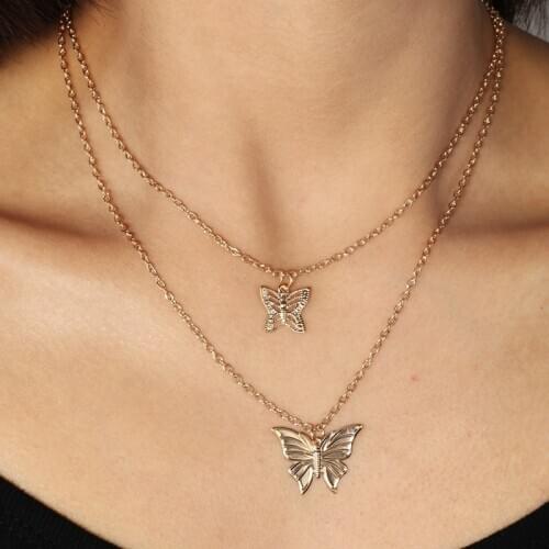 Women Hollow Butterfly Clavicle Chain Jewelry Double Layer Necklaces