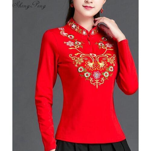 New Women Ethnic Vertical Collar Button spring Chinese style retro pure color long sleeve T-shirt female Slim shirt tops V1835