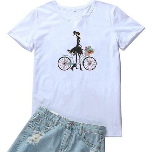Bicycle Girl T-shirt Women Personality Print Pattern Tee Shirt Femme Fashion Cotton Round Neck Tees Funny Women Tshirt Clothing