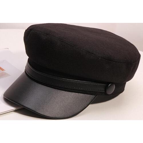 H278 Korean Fashion Military Hat Women Simple Woolen Leather Flat Top Navy Hats Female British Vintage All-match Leisure Cap