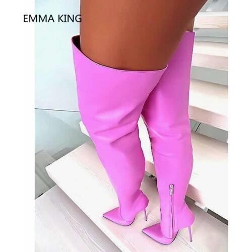 2019 Winter New Women Over The Knee Long Boots Pointed Toe Sexy Leather High Heels Shoes Woman Runway Thigh High Motorcycle Boot