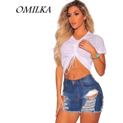 OMILKA 2018 Summer Women Ripped Short Jeans Sexy Denim Blue High Waist Hole Hip Hop Boyfriend Club Party Bandage Short Jeans