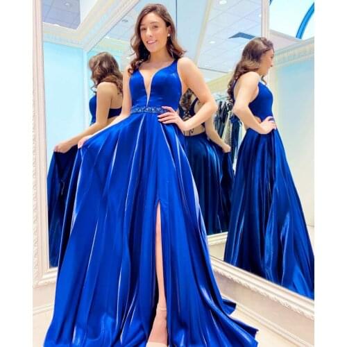 Sexy Satin V-Neck Beaded Evening Dresses Long A-Line Side Slit Criss Cross Back Abendkleider Robes de Soirée for Women