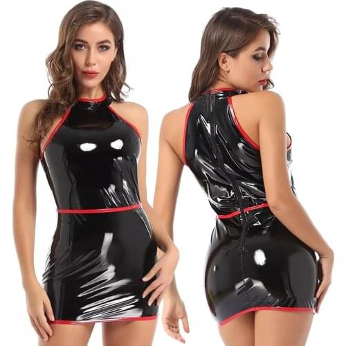 Women‘s Dress Sexy Wetlook Leather Sheath Erotic Leather Bag Hip Skirt With Zipper Back Glossy Shaping Latex Waist Skirt Sexi