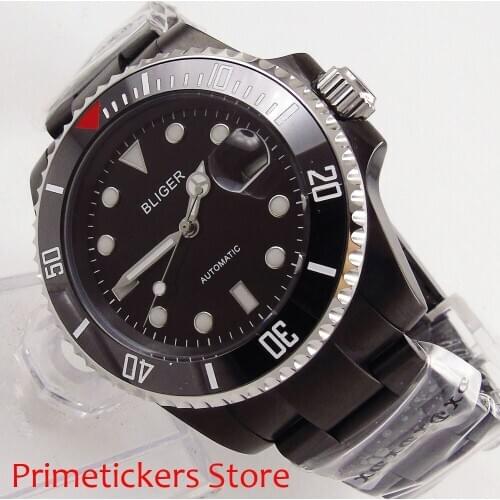 BLIGER 40mm black dial ceramic rotating bezel luminous sapphire glass PVD coated case automatic movement mens watch