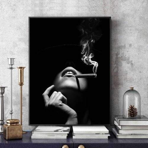 Elegant Lady Wall Art Canvas Painting Poster and Prints Smoking Cigar Women Picture Canvas Art for Livingroom Home Decoration